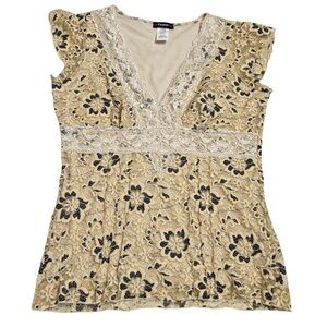 3/$30 Vintage Lace Mesh Floral V Neck Top Coquette Short Sleeve Womens Small